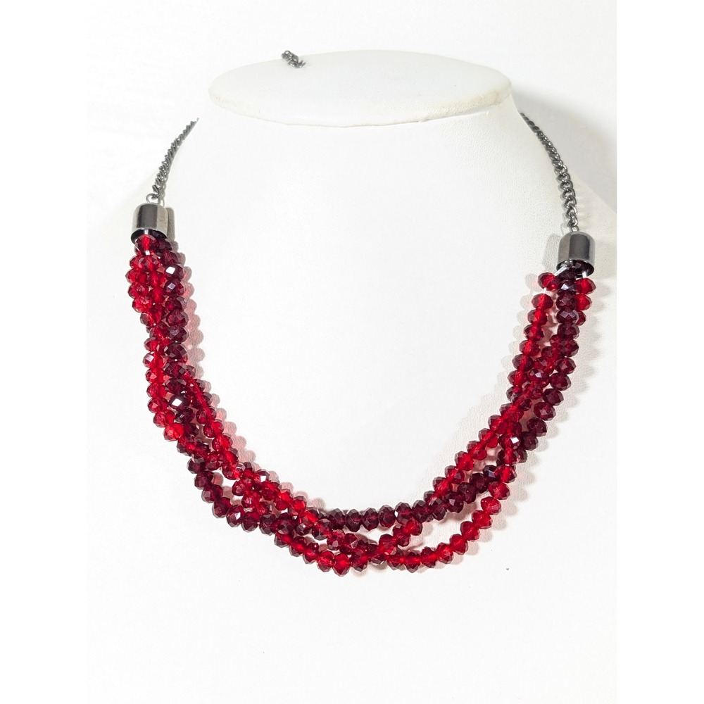 Gunmetal Gray Cranberry Red Glass Bead Torsade Statement Necklace 20 Inch